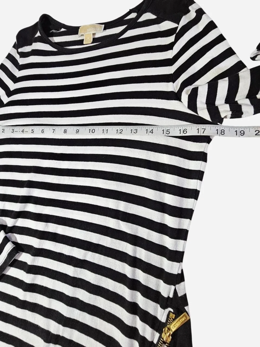 Michael Kors Black and White Striped Crewneck Sweater with Side Zips